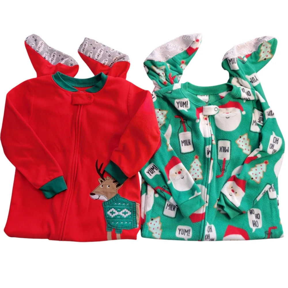 Lot of 2 Carter's/Simple Joys Christmas Footed Pajamas, Non-slip Grip, Size 4T